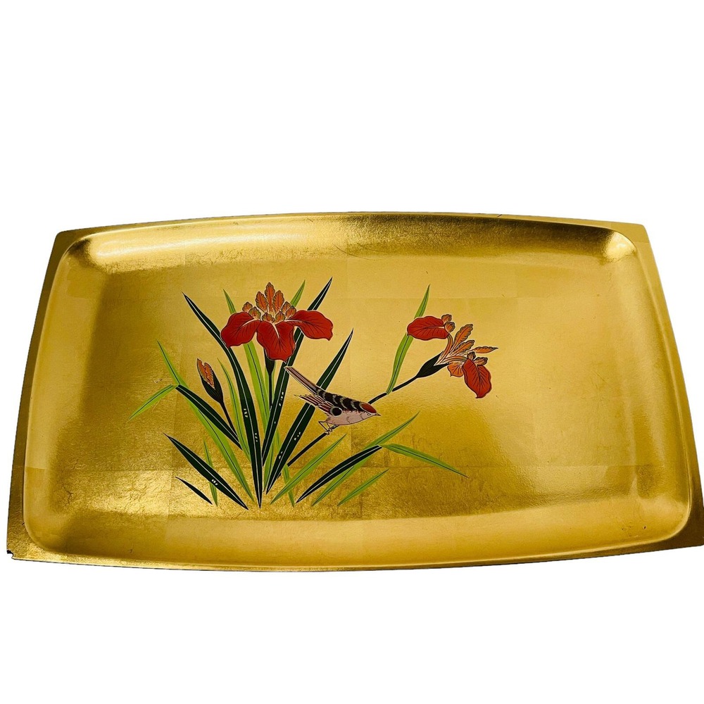 Toyo Lacquerware Serving Tray Unisex Large Gold Iris Bird Floral Japan Vintage